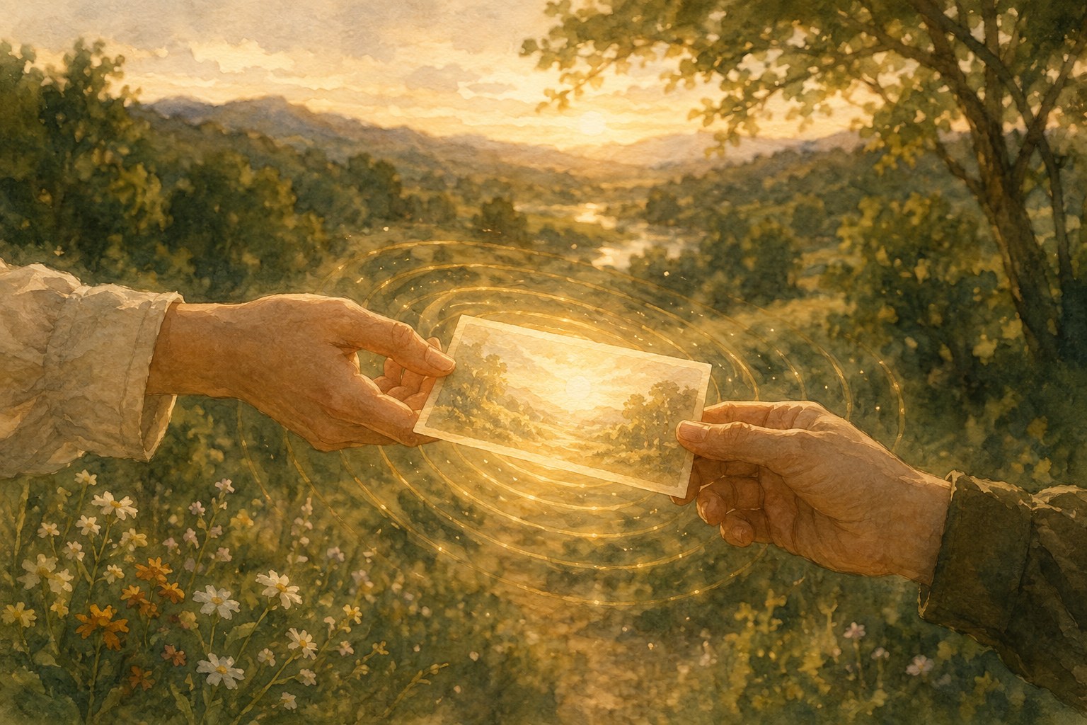 Zwei Hände reichen einander eine sanft leuchtende Karte, goldene Lichtwellen breiten sich aus