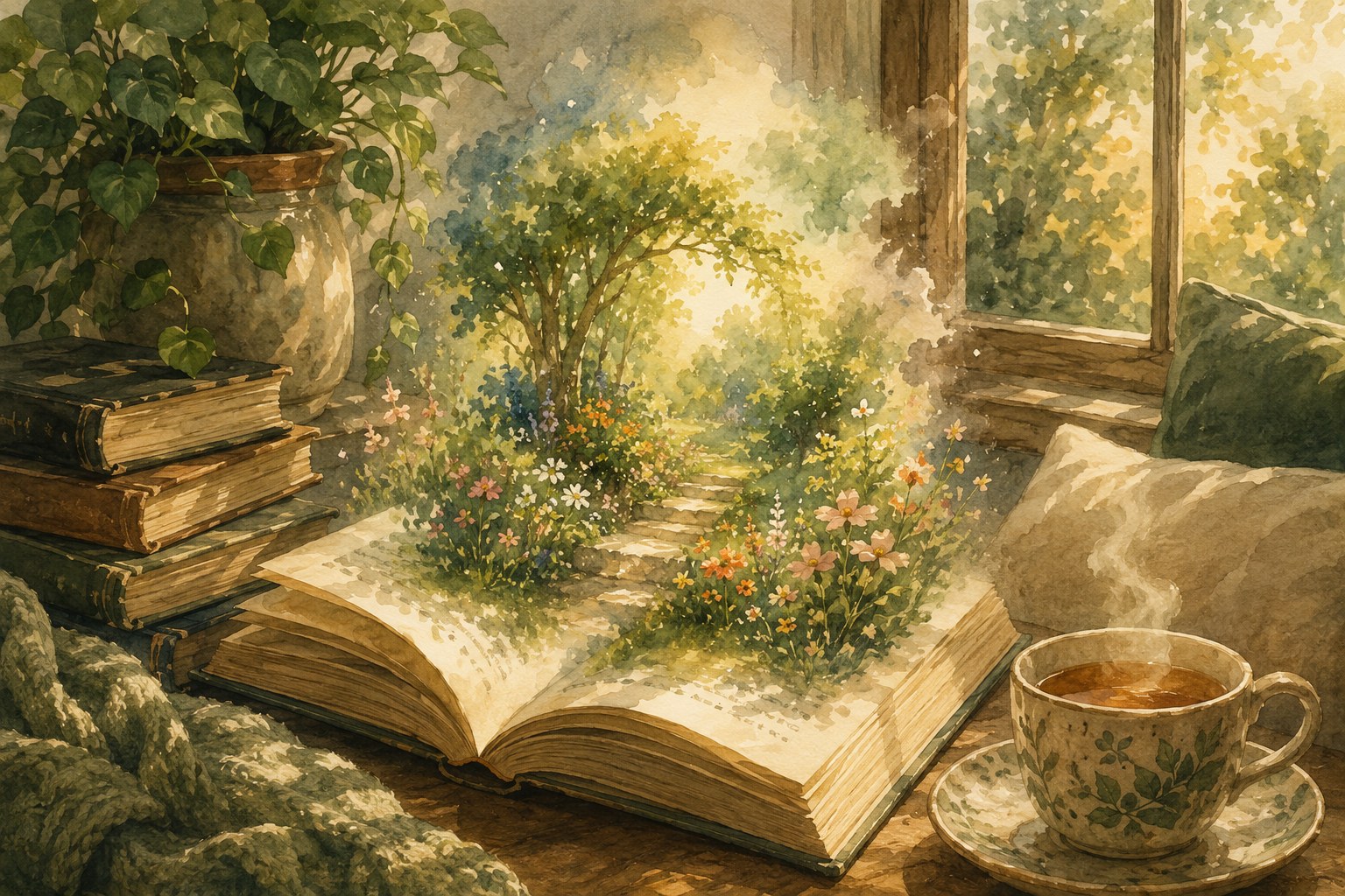 Aufgeschlagenes Buch an einem Fenster, aus dessen Seiten ein blühender Garten wächst, daneben Bücherstapel und eine Teetasse