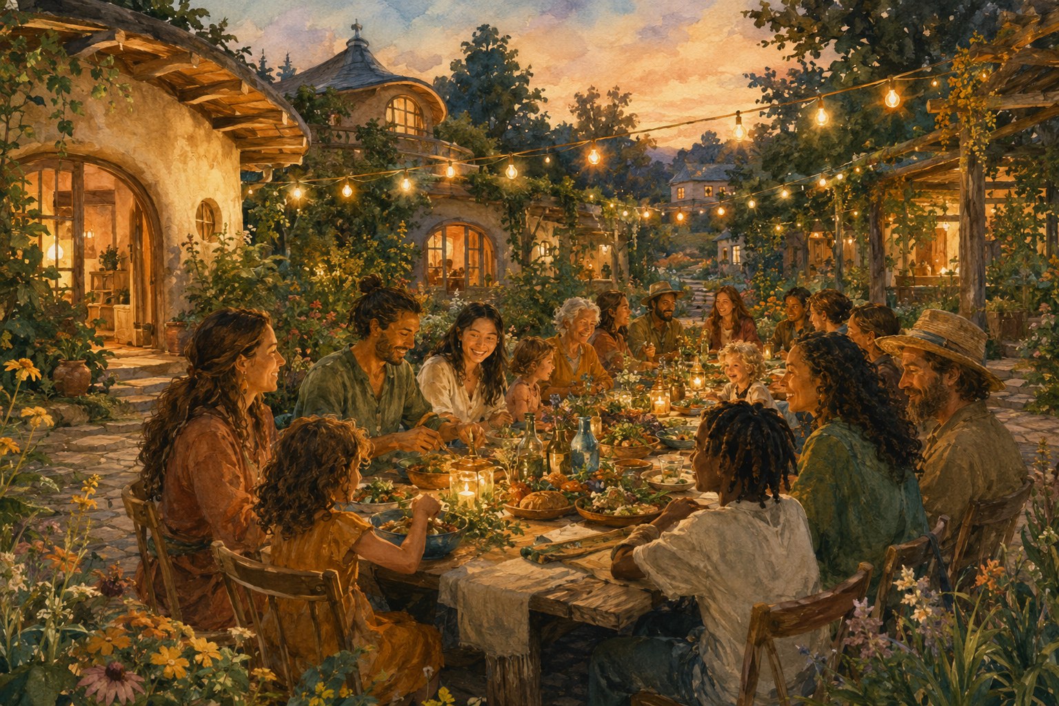 Menschen aller Generationen teilen ein Abendessen an einer langen Tafel unter Lichterketten in einem Ökodorf