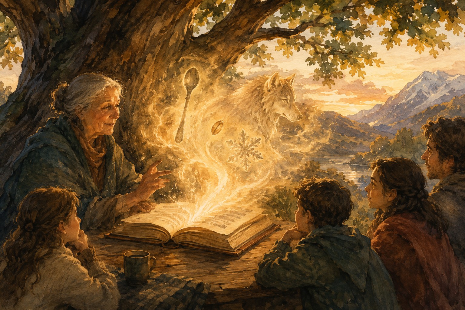 Eine Erzählerin liest Kindern unter einem alten Baum aus einem leuchtenden Buch vor, darüber schweben Löffel, Samenkorn, Schneeflocke und Wolf