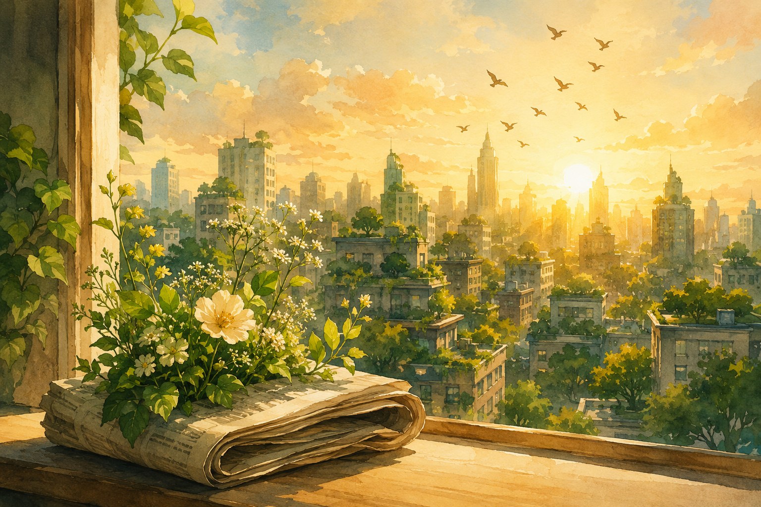 Sonnenaufgang über einer grünen Stadt mit Dachgärten, aus einer gefalteten Zeitung auf der Fensterbank wachsen Blätter und Blüten