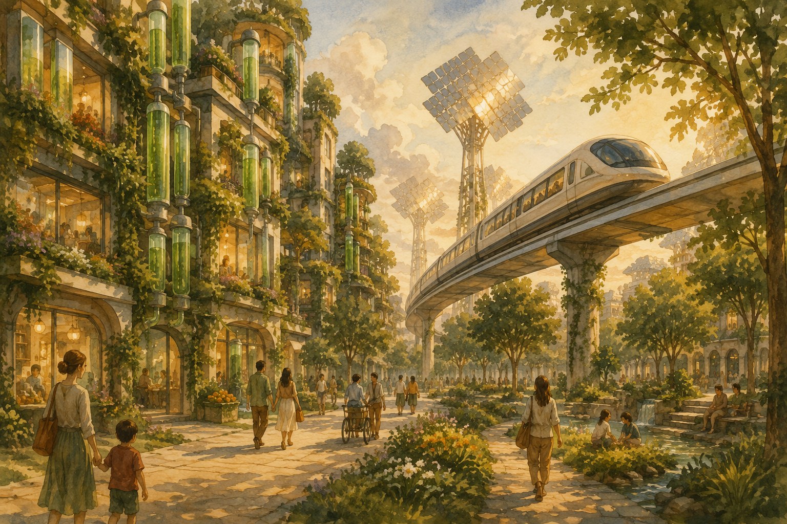 Grüne Stadt mit Algenfassaden und vertikalen Gärten, eine leise Schwebebahn gleitet über baumgesäumte Boulevards