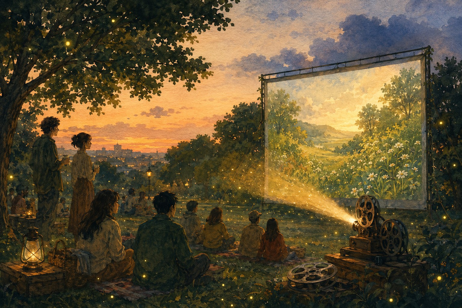 Menschen sitzen in der Abenddämmerung vor einer Leinwand im Park, ein Projektor wirft eine blühende Landschaft auf die Leinwand