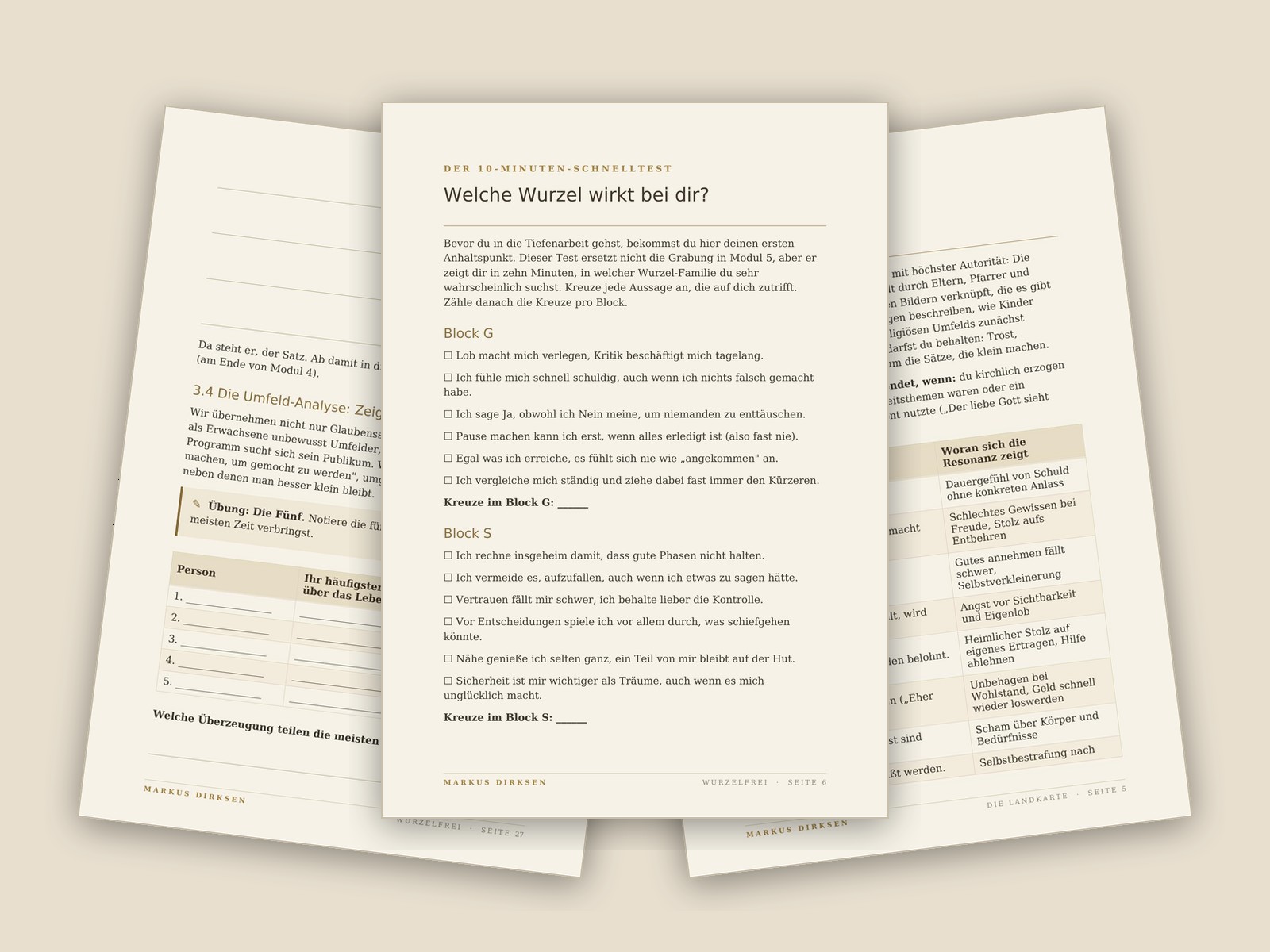 Blick ins Workbook: der 10-Minuten-Schnelltest, eine Übungsseite und die Landkarte der Glaubensmuster