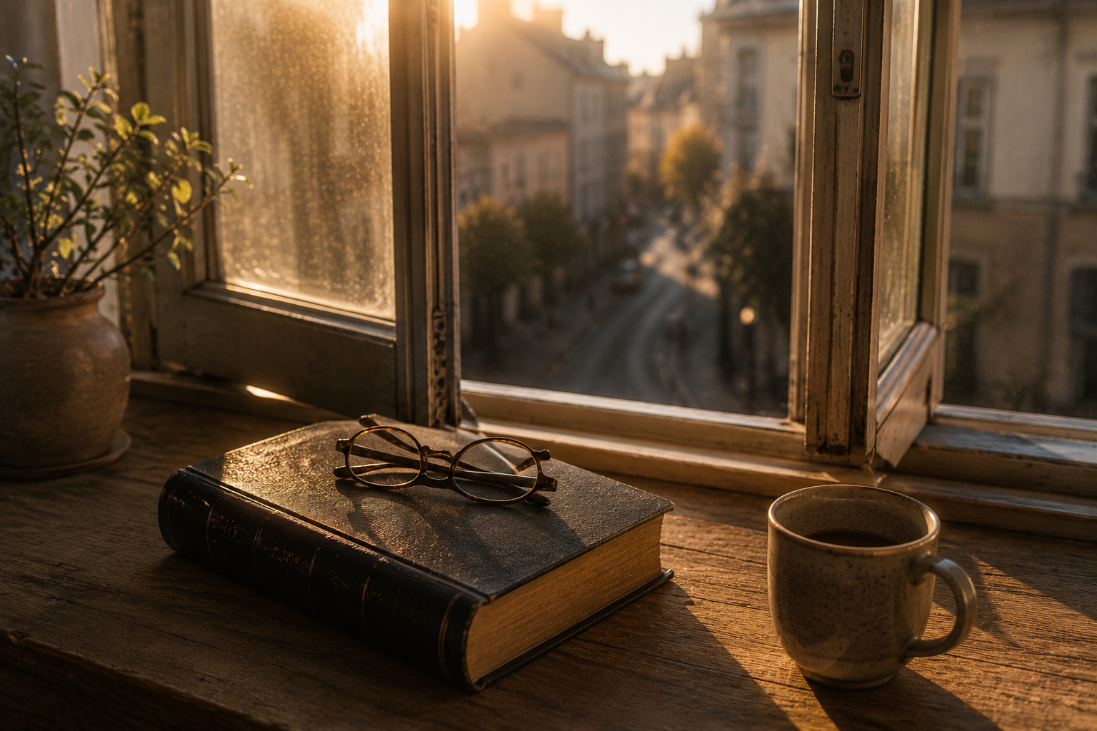 Zugeklapptes Buch mit Lesebrille auf der Fensterbank im Morgenlicht