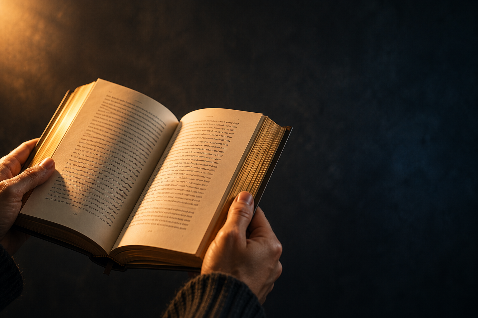 Aufgeschlagenes Buch im warmen Leselicht