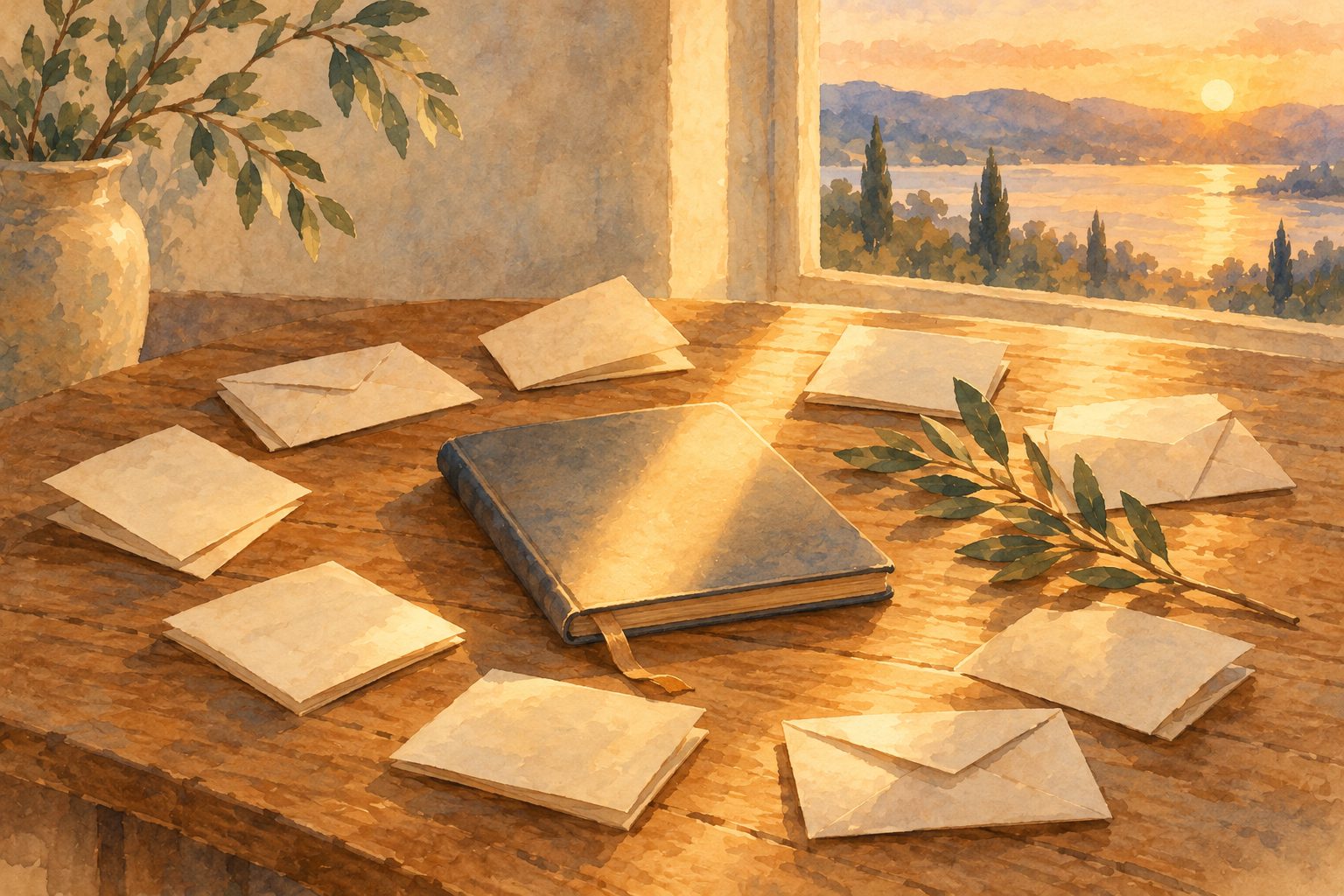 Gemaltes Bild: gefaltete Briefe und Zettel liegen im Kreis um ein Notizbuch, darauf fällt ein goldener Lichtstreifen