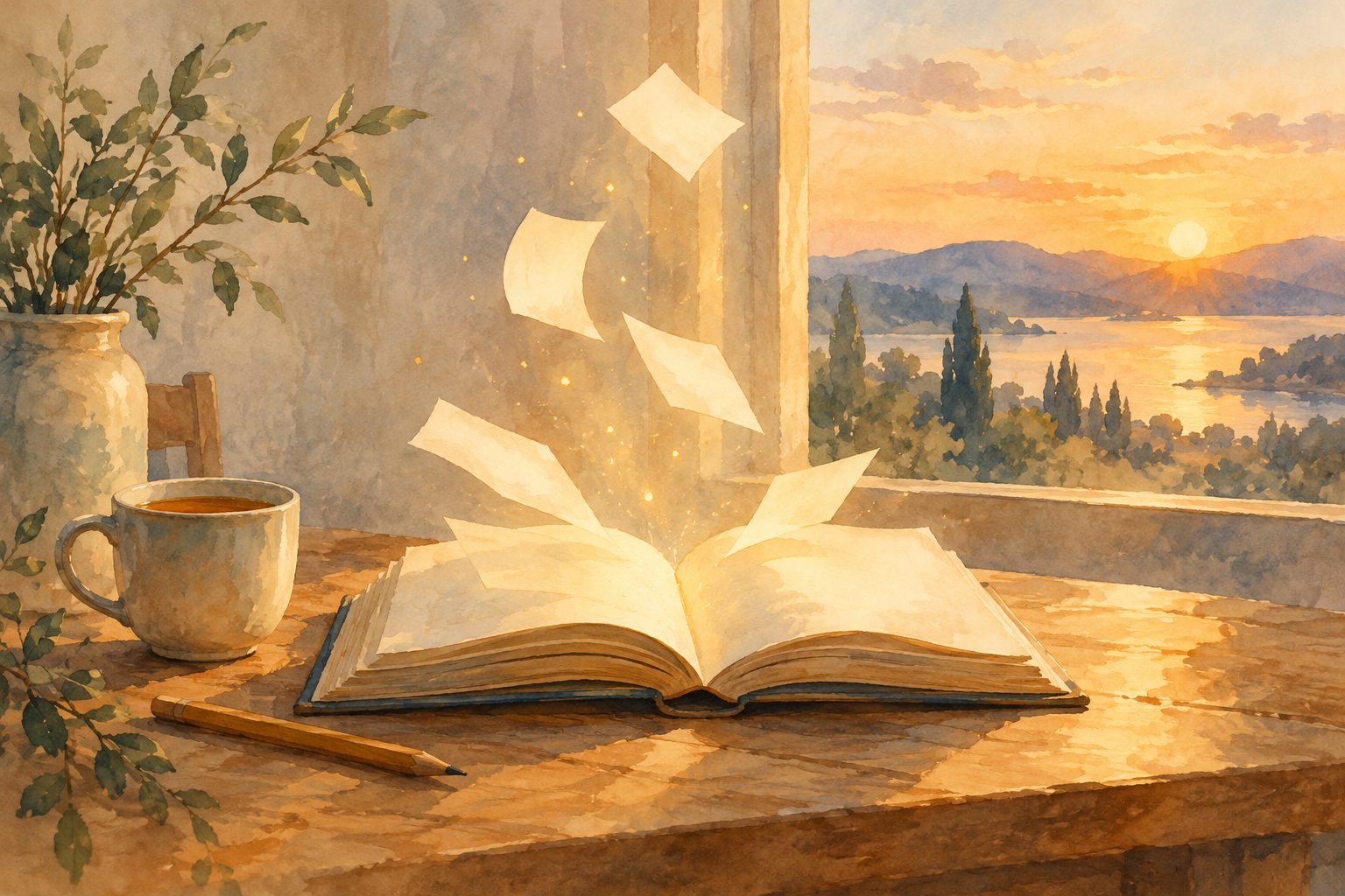 Gemaltes Bild: ein aufgeschlagenes Buch am Fenster im Abendlicht, aus den Seiten steigen leuchtende Papierzettel auf